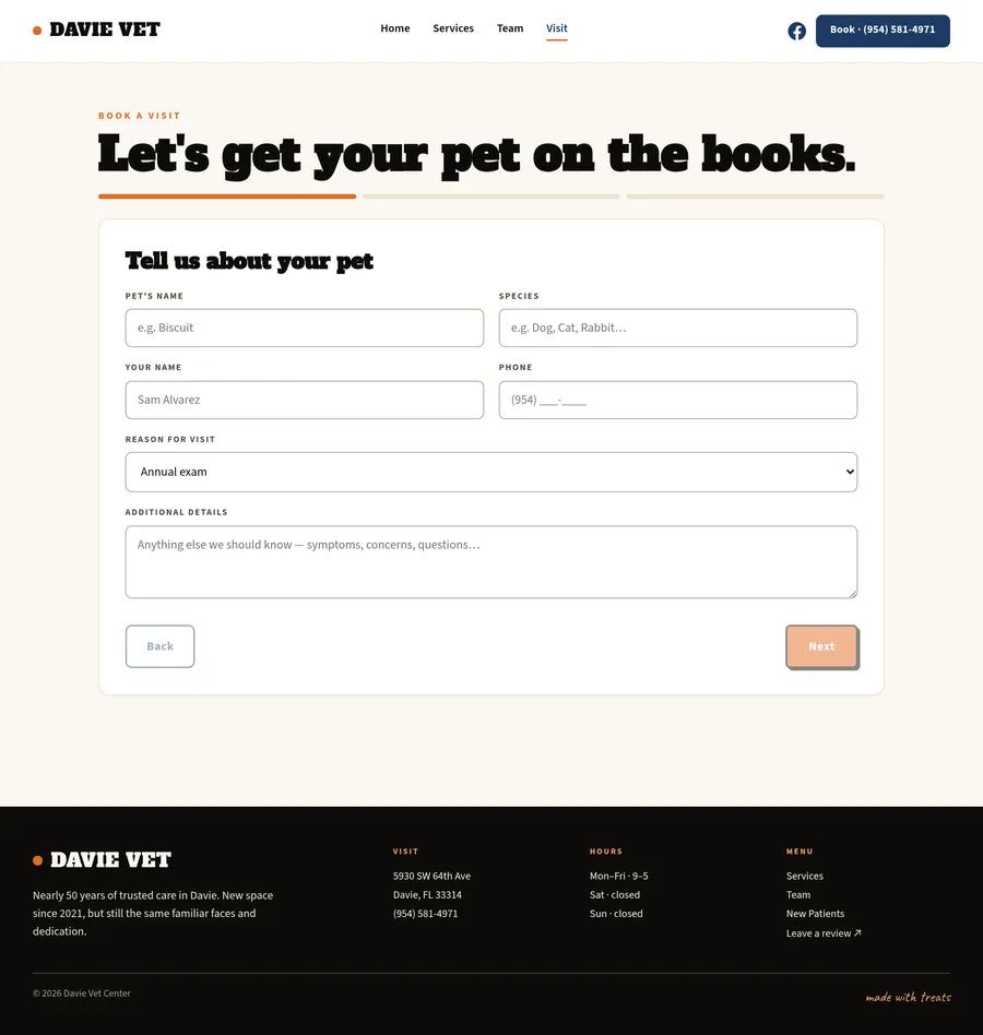 Davie Vet Center online booking flow