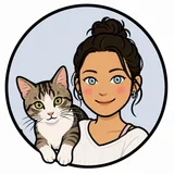 Example flip-card portrait of a Davie Vet team member with her cat